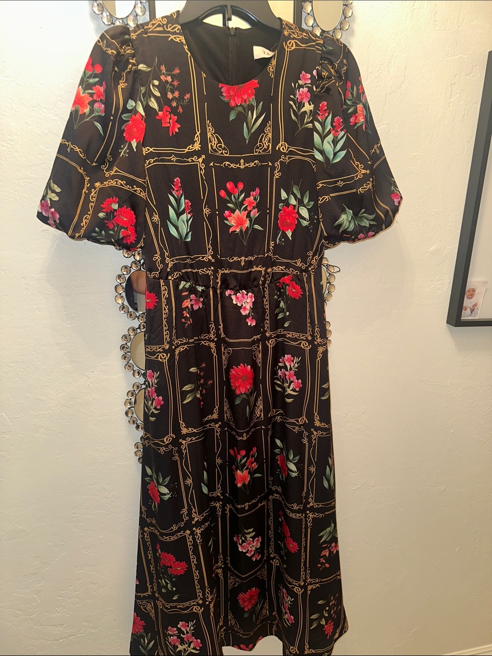 Taylor Black Floral Midi Dress with Gold Frame Print